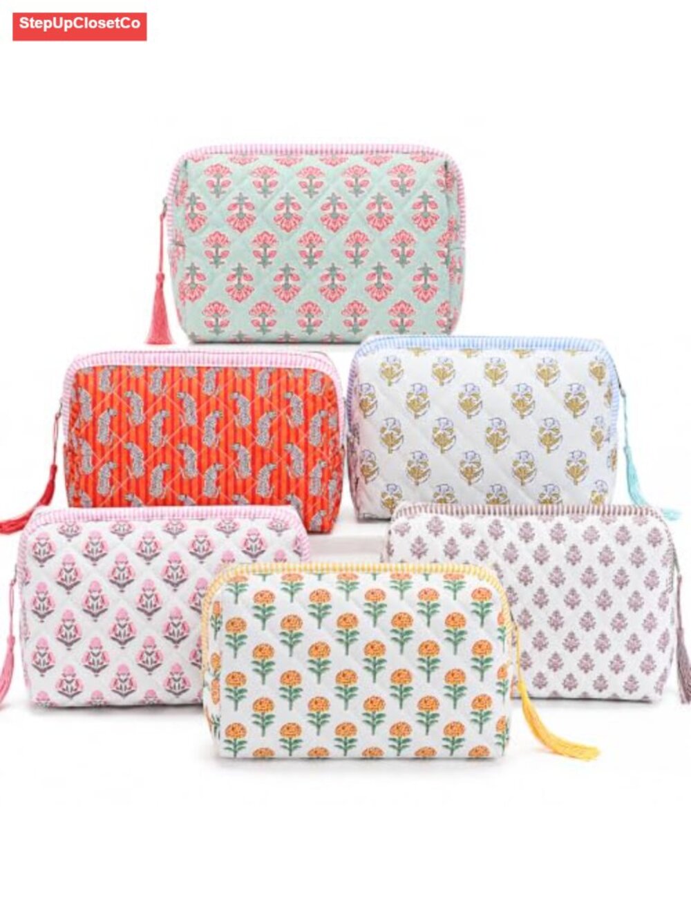 6 Piece Quilted Cotton Makeup Bags with Tassels Travel Toiletry Organizer Set